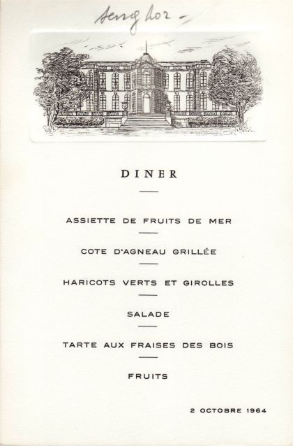 Dîner du 2 octobre 1964 Assiette de fruits de mer Côte d‘agneau grillé Haricots verts et girolles Salade Tarte aux fraises des bois Fruits
