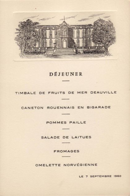 Déjeuner du 07 septembre 1960 Timbale de fruits de mer Deauville Caneton rouennais en Bigarade Pommes Paille Salade de Laitues Fromages Omelette Norvégienne