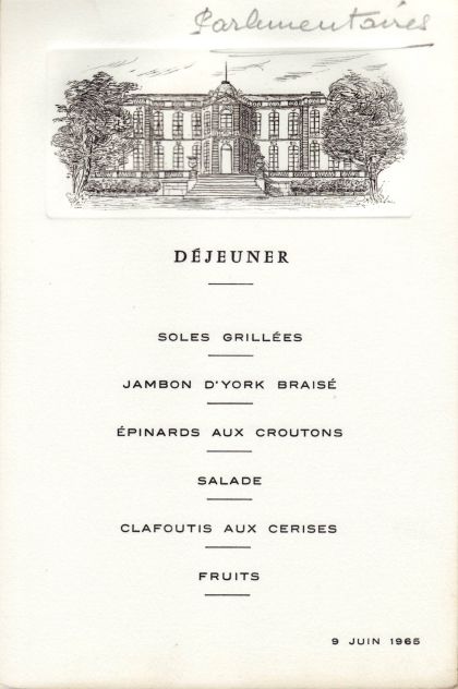 Déjeuner du 09 juin 1965 Soles grillées Jambon d‘York braisé Epinards aux croutons Salade Clafoutis aux cerises Fruits