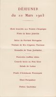 Déjeuner du 22 mars 1903<br />Présidence de la République<br /><br />Oeufs brouillés aux Pointes d‘Asperges<br />Filets de Soles Joinville<br />Selles de Pré-Salé Portugaise<br />Timbale de Ris d‘Agneau Toulouse<br />Grenadin de Veau Jardinière<br />Poulardes truffées rôties<br />Canards farcis au Foie Gras<br />Salade de Laitue<br />Fonds d‘Artichauts Provençale<br />Glace Pompadour<br />Petites Gaufrettes<br />