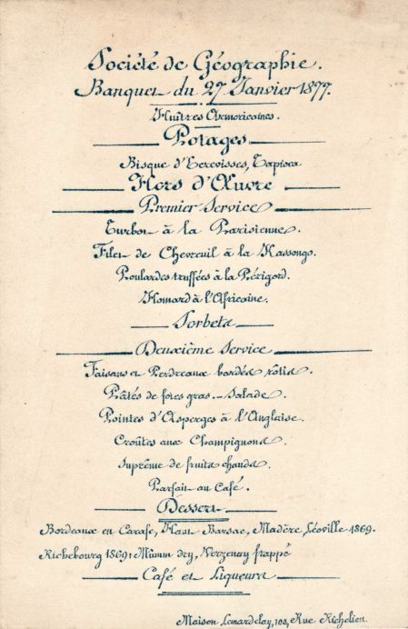 Banquet du 27 janvier 1877 offert M. Cameron par la Société de Géographie