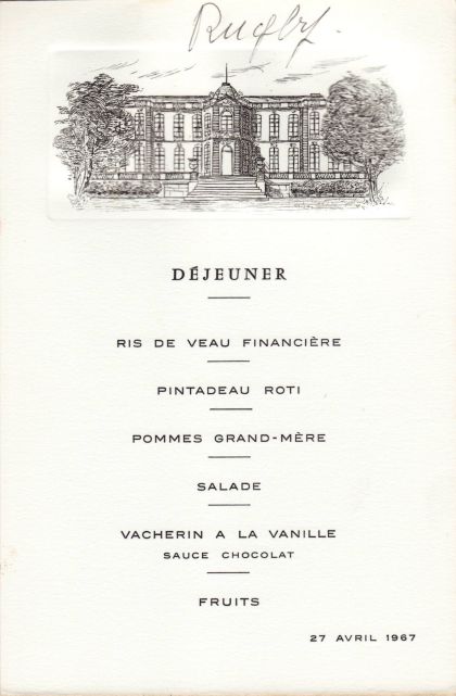 Déjeuner du 27 avril 1967 Ris de veau financière Pintadeau rôti Pommes grand-mère Salade Vacherin à la vanille Fruits