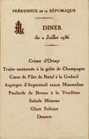 Dîner du 02 juillet 1936<br />Présidence de la République<br /><br />Crème d‘Orsay<br />Truite saumonée à la gelée de Champagne<br />Coeur de Filet de Boeuf à la Godard<br />Asperges d‘Argenteuil sauce Mousseline<br />Poularde de Bresse à la Vendôme<br />Salade Mimosa<br />Glace Sultane<br />Dessert