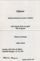 Déjeuner du 06 février 1998<br />Hôtel de Matignon<br /><br />Salade gourmande aux saveurs Landaises<br />Selle d‘agneau farcie aux épices<br />Flan de légumes<br />Plateau de fromages<br />Crêpes Suzette<br /><br />Condrieu 1989 (Côtes du Rhône)<br />Chambolle-Musigny 1er Cru 1989