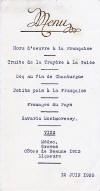 Menu du 12 juin 1933 Inauguration de l‘Usine de Brommat (Société des Forces Motrices de la Truyère)<br /><br />Hors d‘oeuvre à la Française<br />Truite de la Truyère à la Gelée<br />Coq au Vin de Chanturgue<br />Petits pois à la Française<br />Fromages du Pays<br />Savarin Montmorency<br /><br />Médoc<br />Graves<br />Côtes de Beaune 1923<br />Liqueurs