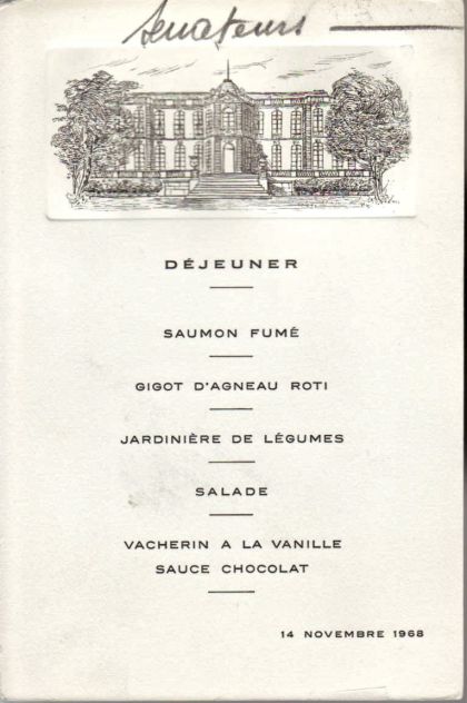 Déjeuner du 14 novembre 1968 Saumon Fumé Gigot d‘Agneau Rôti Jardinière de Lègumes Salade Vacherin à la Vanille Sauce Chocolat