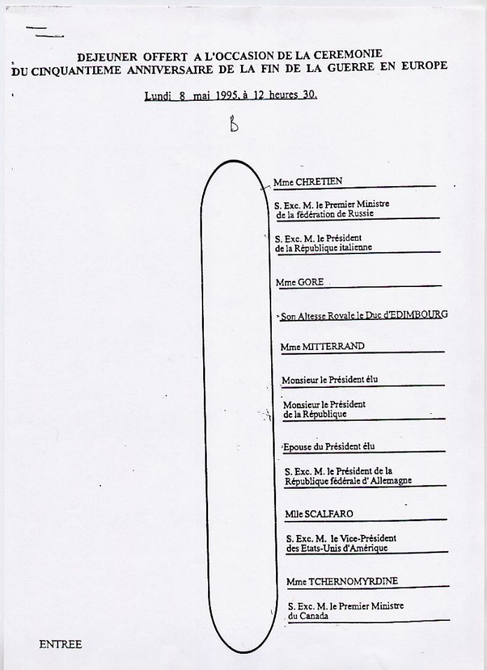 Plan de table du déjeuner du lundi 08 mai 1995 <br />Les élections viennent d‘avoir lieu,<br />le plan de table a été rédigé avant de connaître<br />le nom du nouveau Président et de son épouse.<br /><br />Mme CHRETIEN<br />S.E M. le Premier Ministre de la Fédération de Russie<br />S. E M. le Président de la République Italienne<br />Mme GORE<br />S.A.R le Duc d‘Edimbourg<br />Madame MITTERRAND<br />Monsieur le Président élu<br />Monsieur le Président de la République<br />Épouse du Président élu<br />S.E M. le Président de la R.F.A<br />Mlle SCALFARO<br />S. E M. le Vice Président des U.S.A<br />Mme TCHERNOMYRDINE<br />S.E M. le Premier Ministre du Canada