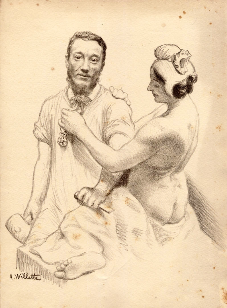 Adolphe Léon WILLETTE Menu du 19 avril 1902 Camille Lefèvre sculptant le Bonheur